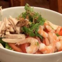 #12. Tea Plus Special Salad · Steamed prawns, slices of poached chicken, fresh lettuce, celery, carrots, tomatoes, cucumbe...