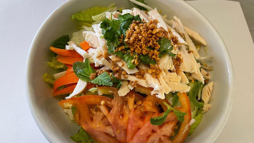 #9. Beef or Chicken Salad · Fresh lettuce, celery, carrots, tomatoes, cucumber, bean sprouts, green onions, grilled red onions, mint leaves and crushed peanuts with slices of poached chicken or beef served with fish sauce.
