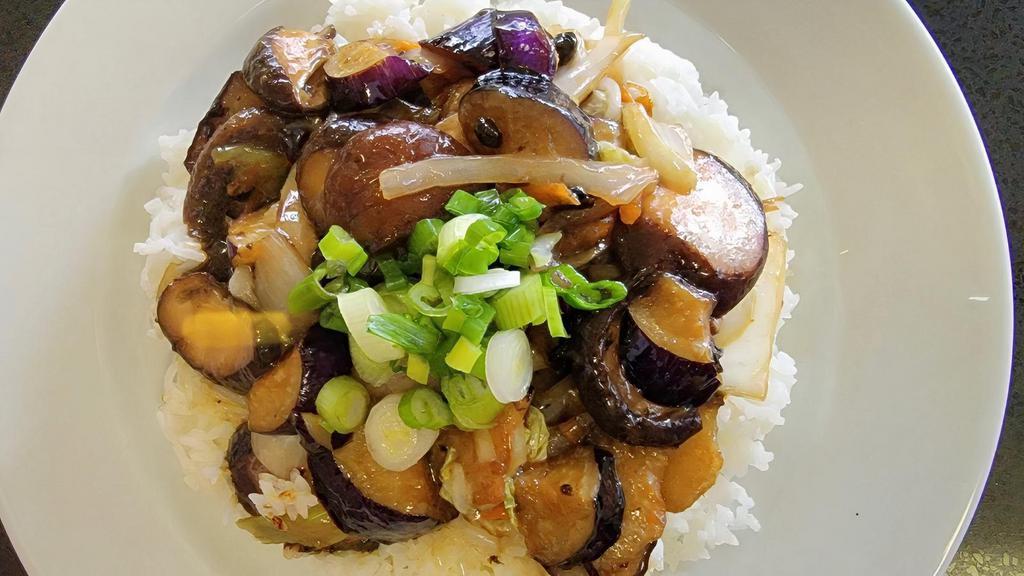 #20. Eggplant with Black Mushroom over Rice · 