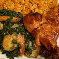 Kale-shrimp jollof rice · jollof rice, plantain, topped with kale-shrimp vegetable served with a choice of stewed meat