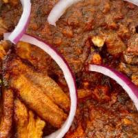 brown bean & plantain platter · stewed brown bean, and fried plantain served with a choice of meat, cucumber, and onion