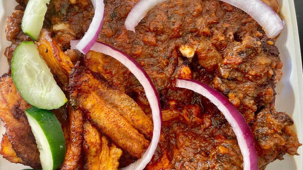 brown bean & plantain platter · stewed brown bean, and fried plantain served with a choice of meat, cucumber, and onion