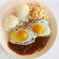 Loco Moco · Savory homemade hamburger patties over rice covered with brown gravy and topped with eggs. S...