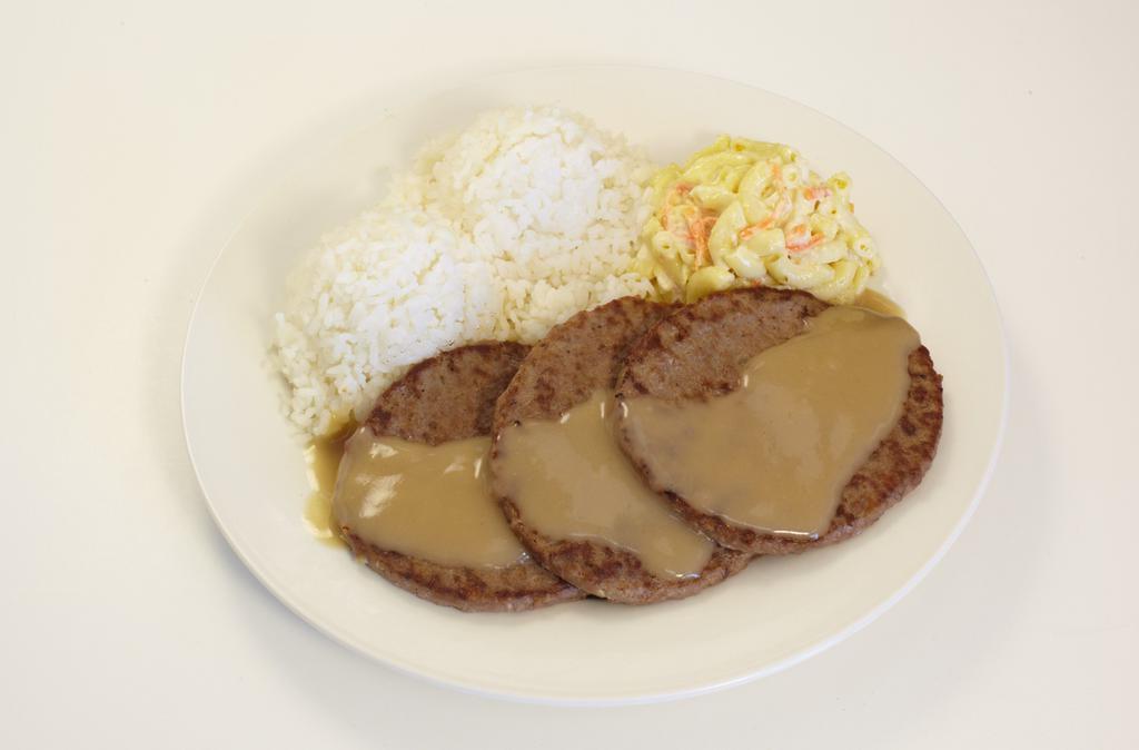 Hamburger Steak · Regular plate lunch includes two scoops of rice and one scoop of macaroni salad.
Mini plate lunch includes one scoop of rice and one scoop of macaroni salad.