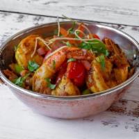 Shrimp Masala · Jumbo shrimp cooked in onion and tomato gravy with spices (turmeric, fenugreek seeds, cumin ...