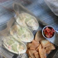 Popcorn Shrimp Tacos · Pico De Gallo, Chipotle Slaw, Avocado, Chips and Salsa