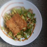 Chinese Chicken Salad · Green beans, carrots, cucumber, peanuts, green onions, avocado, crispy wontons, sesame dress...