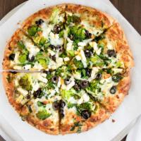 4. Greek Goddess Pizza · Instead of tomato sauce, we use pesto sauce, and top it off with spinach, broccoli, black ol...