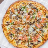 2. Chicken Supreme Pizza · Chicken, mushrooms, green onions, tomatoes, garlic and alfredo sauce.