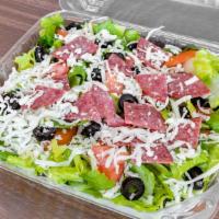 Antipasto Salad · Full size (serves 2-3). Romaine lettuce, tomatoes, pepperoncini, olives, artichoke hearts, s...