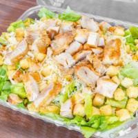 Chicken Caesar Salad · Crisp romaine lettuce tossed in Caesar dressing topped with chicken.
Full size (serves 2-3).