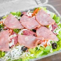 Chef Salad · Romaine lettuce, tomatoes, red cabbage, parsley, pepperoncini, olives, Canadian bacon, salam...