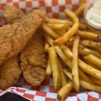 Strips & Chips Basket · Chicken strips and side of fries.