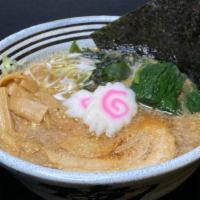 Tonkotsu Shoyu Ramen  · Soy sauce flavor. Very creamy and thick Soup.
pork belly,spinach,Tokyo negi,seaweed,naruto(f...