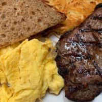 NY Steak & Eggs · Upper Choice NY Steak, 2 eggs any style, yukon gold hash browns and toast