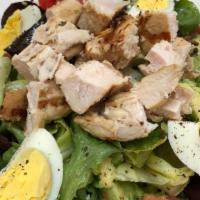 Cobb · grilled chicken, mixed greens, bacon, tomato, avocado, hard boiled egg, blue cheese crumbles...