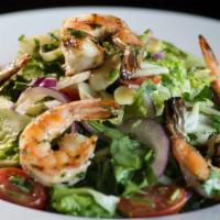 Prawn · grilled prawns, romaine, hearts of palm, cherry tomatoes, red onions, avocado, cilantro, jal...