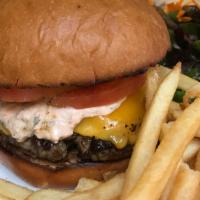 SOB Burger · Seared Onion & Bacon into surface of patty, cheddar cheese, tomato &1000 island dressing, to...