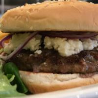 Lamb Burger · Fresh ground lamb shoulder, topped with feta cheese, red onion, cumin-lime aioli, toasted se...