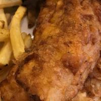Fish & Chips · fresh cod, homemade beer batter, dill-tartar sauce, fries & green salad