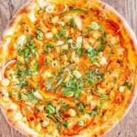 Chicken Tikka Masala · Tikka Sauce, Mozzarella, Chicken, Diced Potatoes, Bell Peppers, Red Onions. Garnished with C...