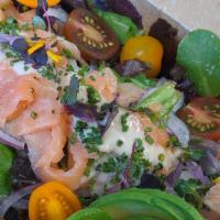 Salmon Miso Salad · Gluten free. Norwegian smoked salmon, red onions, organic white miso, heirloom tomatoes, chi...
