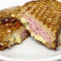 Ham & Cheese Panini · Jamon de Bayonne, Emmental cheese, aioli, dijon mustard, cornichons on homemade sourdough br...