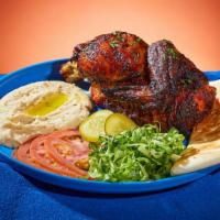 Grilled Half Chicken Platter · Grilled chicken breast, wing, and thigh. Served with rice or hummus, lettuce, tomato, pickle...