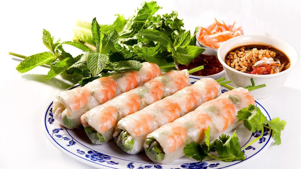 Spring Rolls/Gỏi Cuốn #45 · Fresh spring rolls wrapped w/ pork & shrimp served w/ house special peanut sauce (2 rolls).

Contains peanuts in sauce