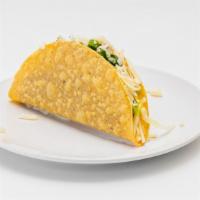 Crispy Taco · Crunchy corn tortilla shell, ground beef, cheese, lettuce, onion, cilantro, and tomatoes.