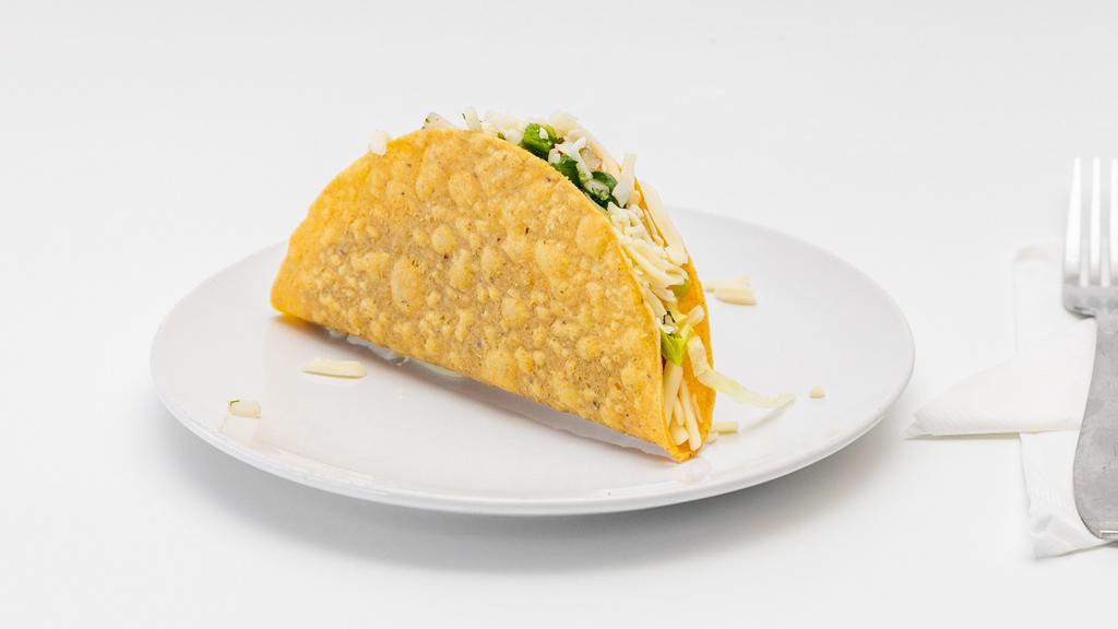 Crispy Taco · Crunchy corn tortilla shell, ground beef, cheese, lettuce, onion, cilantro, and tomatoes.