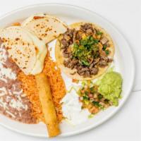 Combo Plate · (1) chicken flauta (1) corn cheese quesadilla (1) taco choice of meat, rice, beans, cheese, ...