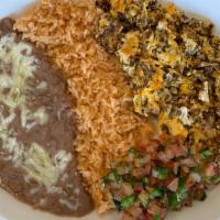 Huevos Con Chorizo Plate · Scrambled eggs mixed with chorizo, served with rice, beans, cheese, onions, cilantro and tom...