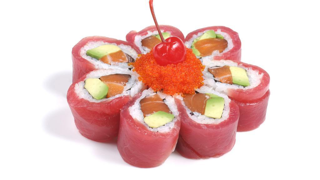 Cherry Blossom Roll · Salmon (tuna) and avocado topped with tuna (salmon).