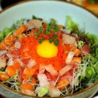 Raw Fish Bowl · Rice topped with assorted raw fish and vegetables.