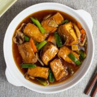 Braised Tofu 紅燒豆腐 · Braised tofu in a mild Chinese sauce with carrots and long beans.