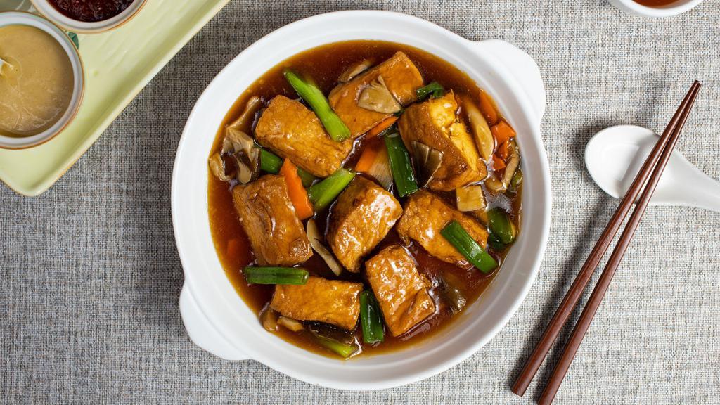 Braised Tofu 紅燒豆腐 · Braised tofu in a mild Chinese sauce with carrots and long beans.