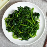 Garlic Spinach 蒜炒波菜 · Fresh spinach steamed and then cooked in a garlic house sauce.