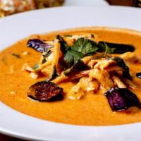 #53. Red Curry · Spicy, gluten free. Choice of meat with bamboo shoots, bell pepper simmered in red curry and...