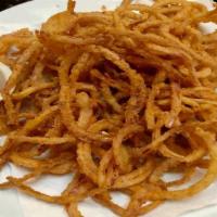 Crispy Fried Onion Strings · Sweet red onion strings, lightly battered, fried golden brown, side of chipotle aioli.
