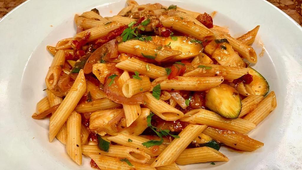 Vegetarian Pasta · Sun-dried tomato, artichoke, squash, bell peppers, mushrooms, zucchini, red onion tossed with penne, olive oil, garlic.