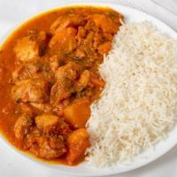 36. Chicken Vindaloo · Boneless chicken with potato cooked in a onion tomato with vindaloo sauce.