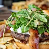 Fresno Fig Burger · Fig marmalade, melted goat cheese, bacon, tomatoes, red onions, arugula and spicy porter mus...