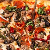 Italian Pizza · Tomato sauce, mozzarella, fontina, local Italian sausage, pepperoni, garlic, mixed mushrooms...
