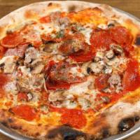 Combination Pizza · Tomato sauce, mozzarella, local Italian sausage, Soppressata salami, pepperoni, mixed mushro...