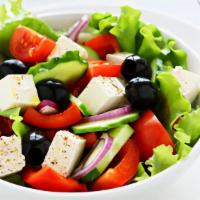 Greek Salad · Iceberg and romaine mix, red onion, bell pepper, kalamata olives, tomatoes, pepperoncini, se...