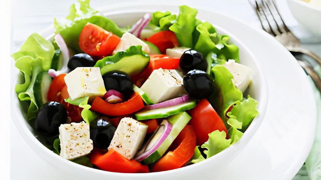 Greek Salad · Iceberg and romaine mix, red onion, bell pepper, kalamata olives, tomatoes, pepperoncini, served with Italian dressing, feta cheese.