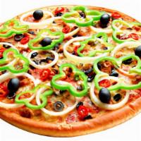 All Veggie · Mozzarella cheese, mushrooms, olives, bell pepper, fresh tomatoes, red onions, and garlic.