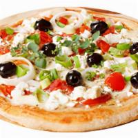 Greek Style · Fresh basil, fresh tomatoes, kalamata olives, red and green onions, garlic, feta cheese, and...