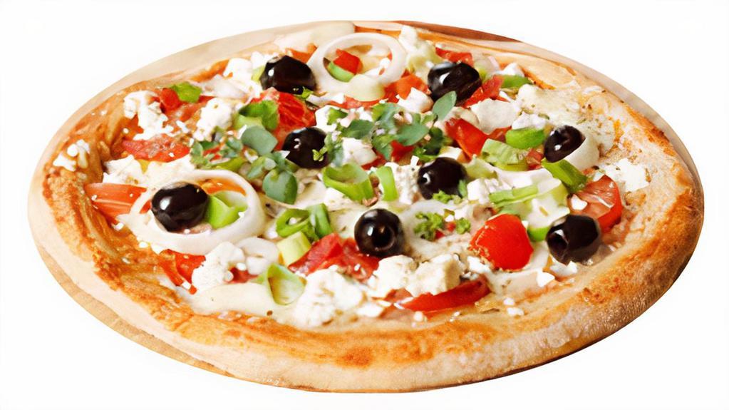 Greek Style · Fresh basil, fresh tomatoes, kalamata olives, red and green onions, garlic, feta cheese, and bell peppers.